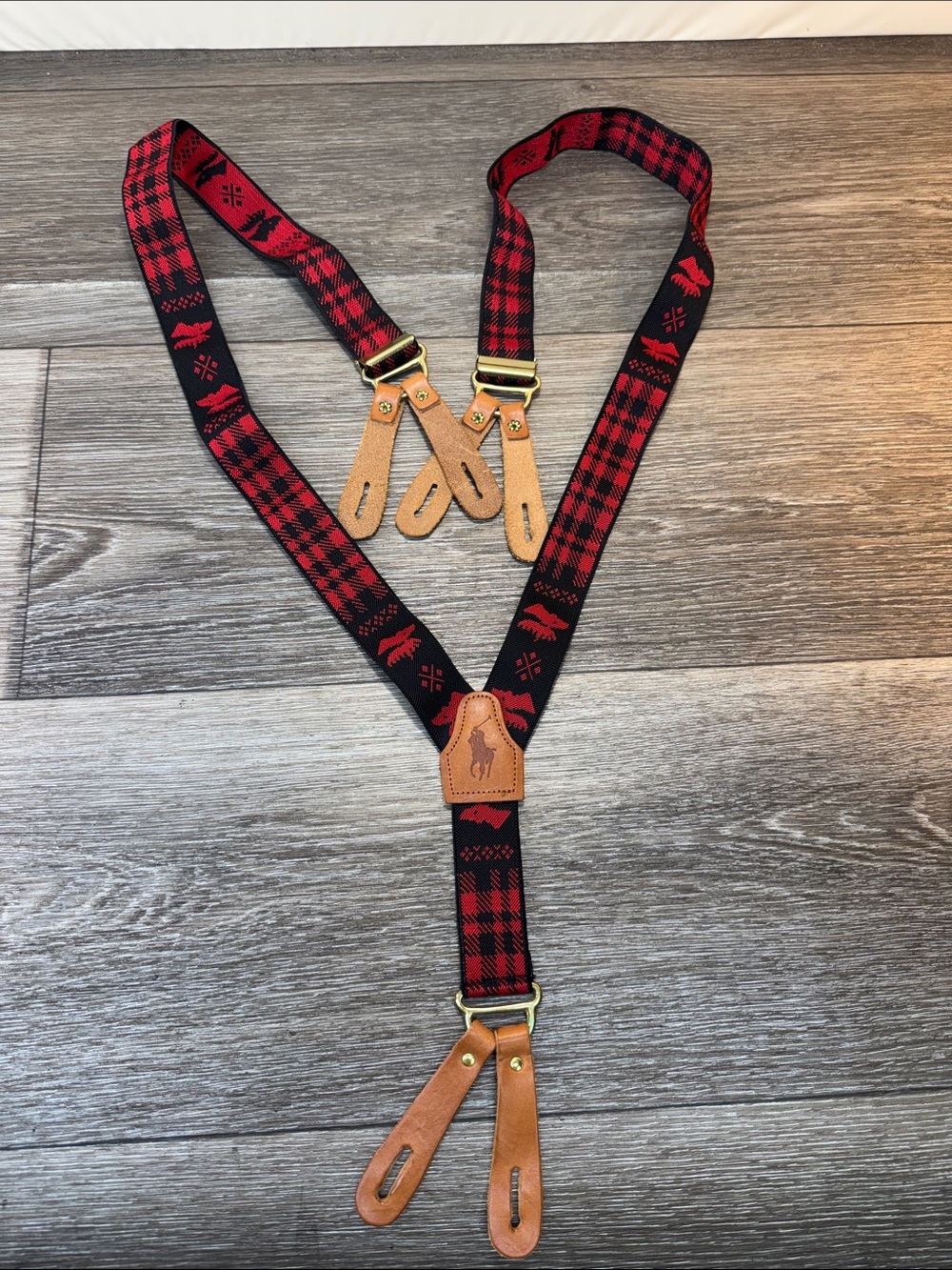 Polo by Ralph Lauren Red and Black Plaid Leather-Trim Suspenders